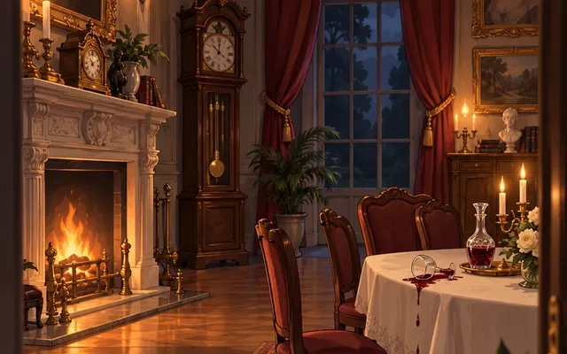 Salon du manoir la nuit, avec une cheminée, une horloge et une table dressée où un verre est renversé